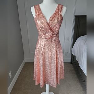 Prom Dress Rose Gold Sequin Sleeveless Wrap V-Neck A-line Dress, Great Condition